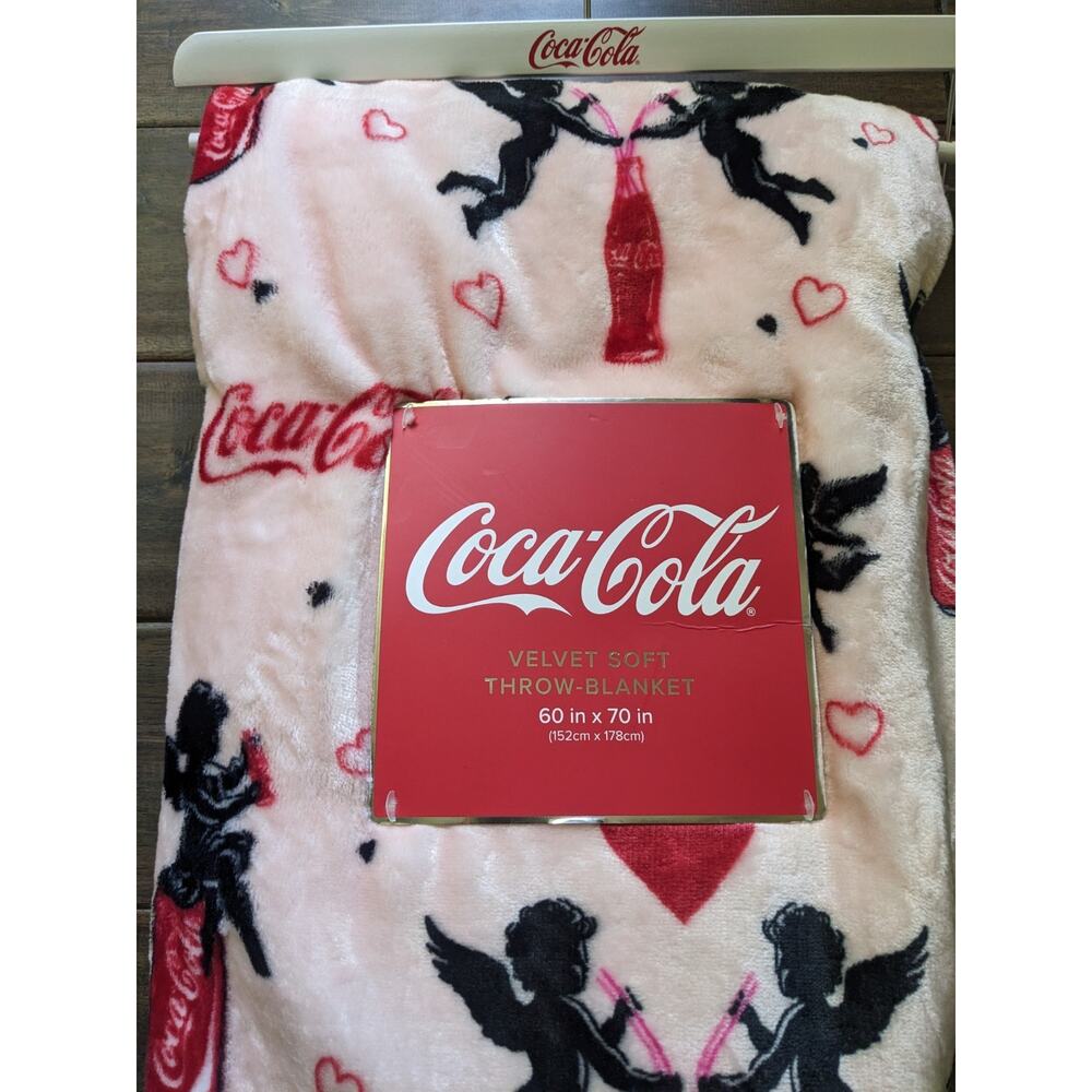 Coca Cola Valentines Day Angel Cupid Coke Bottle Pink Throw Blanket 60 x 70 in
